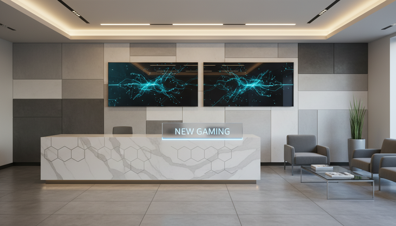 An elegant, minimalist reception area with a polished stone desk featuring a subtle geometric pattern in neutral greys and whites, complemented by an etched acrylic company logo reading “NEW GAMING”. The scene includes a layering of textured wall panels and a clean, seamless integration of digital signage showing abstract networking graphics. Illuminated by concealed overhead LED lighting, the space feels welcoming yet distinctly businesslike. The balanced composition is shot at an eye-level perspective, emphasizing the corporate aesthetic and organized layout tailored to a high-end IT solutions firm.